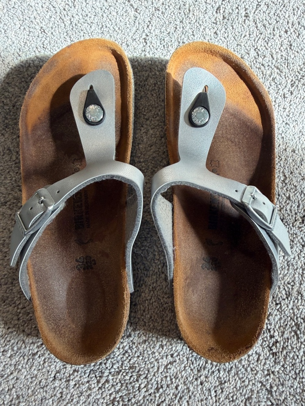 Birkenstock Silver Leather Thong Buckle Strap Flat Footbed Sandals
